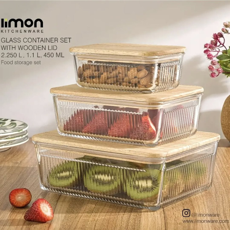 ست ظرف شیشه ای مستطیل در چوبی لیمون کد 2211