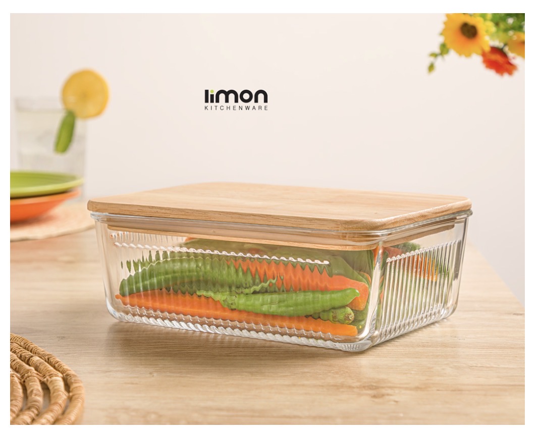 ظرف شیشه ای شیاردار ۱/۱ لیتر درب چوبی لیمون کد 2191