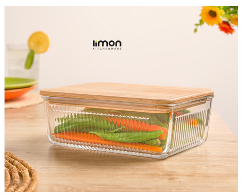 ظرف شیشه ای شیاردار ۱/۱ لیتر درب چوبی لیمون کد 2191
